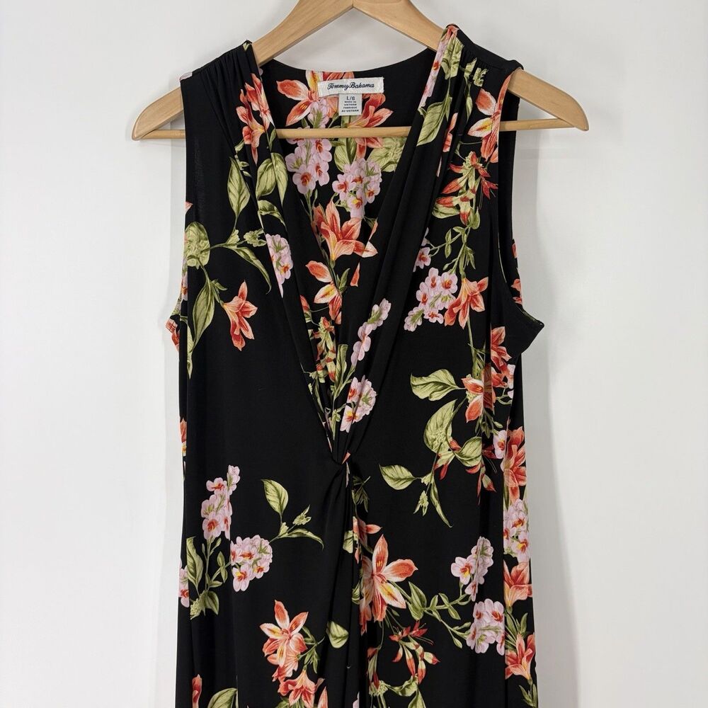 Tommy Bahama Dress Large Womens Black Tropical Floral Twist Front Maxi Resort - Picture 2 of 9
